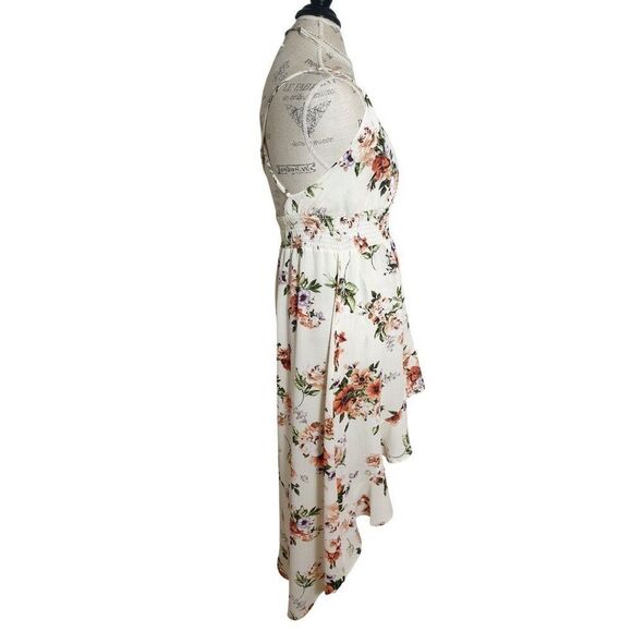 Boho Floral Print Cami Dress L Split Thigh Crossback Cascading Ruffles Midi - Picture 3 of 5